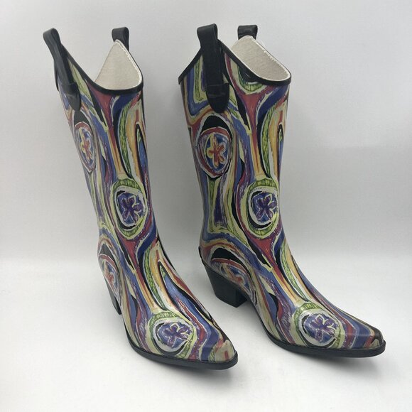 Corkys Nomad Funky Multicolor Abstract Rubber Western Cowboy Rain Boot - Picture 1 of 8